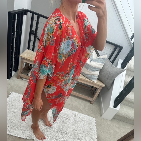 Bohemian floral chiffon swim coverup summer vacation beach pool casual party M - Picture 5 of 10